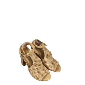 Express Women’s Tan Faux Suede Perforated Open Toe Ankle Strap Block Heel Size 6